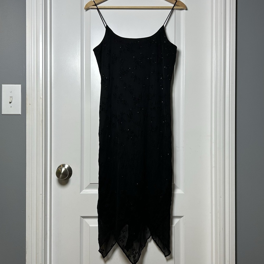 DBY Vintage 90s Black Burnout Floral Sequin Handkerchief Hem Fitted Slip Dress